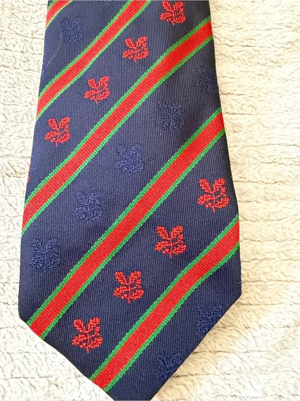 Navy Diagonal Stripe Tie with Red Crest Detail